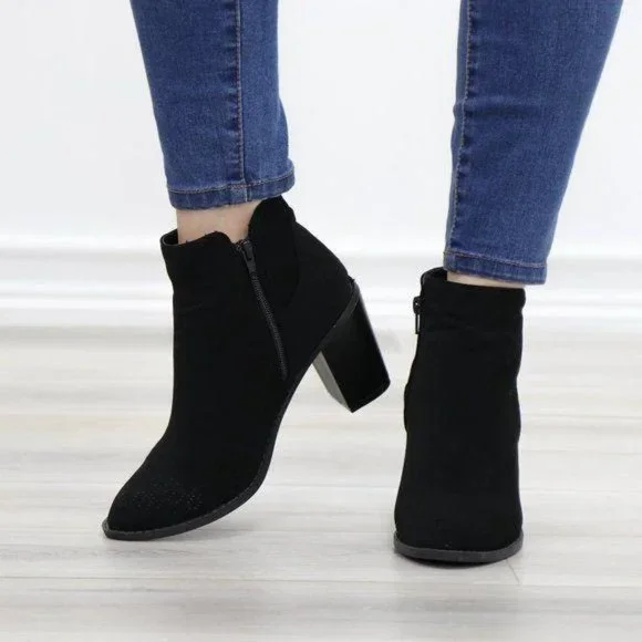 Black Perforated Design Ankle Heeled Boots - Picture 6 of 15